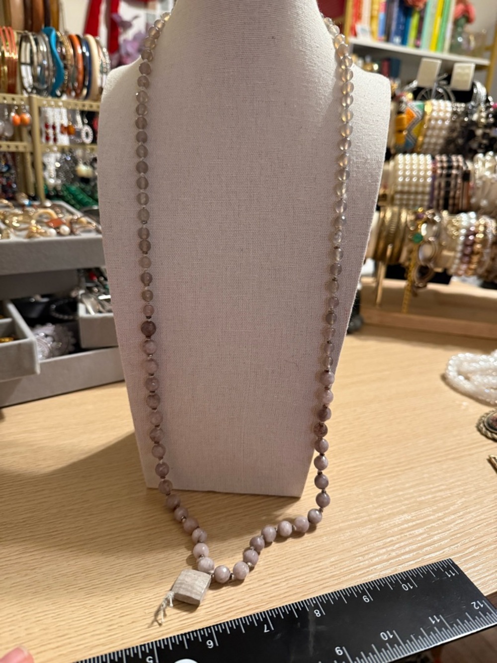 Serefina Long‎ Beaded Necklace Faceted Grey Lilac Stone Hand Knotted Gold Charm